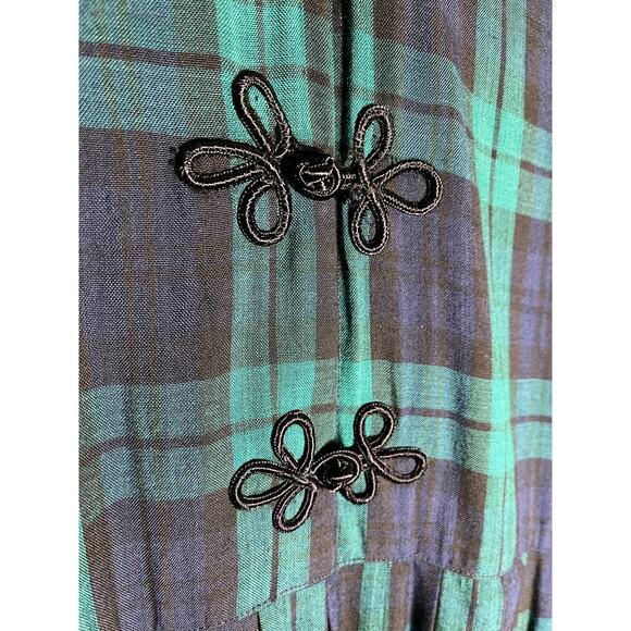 NWT Vtg 12P 80s 90s Trad Wife Green Tartan Plaid Tie Back Midi Dress Frog Button - Picture 3 of 6